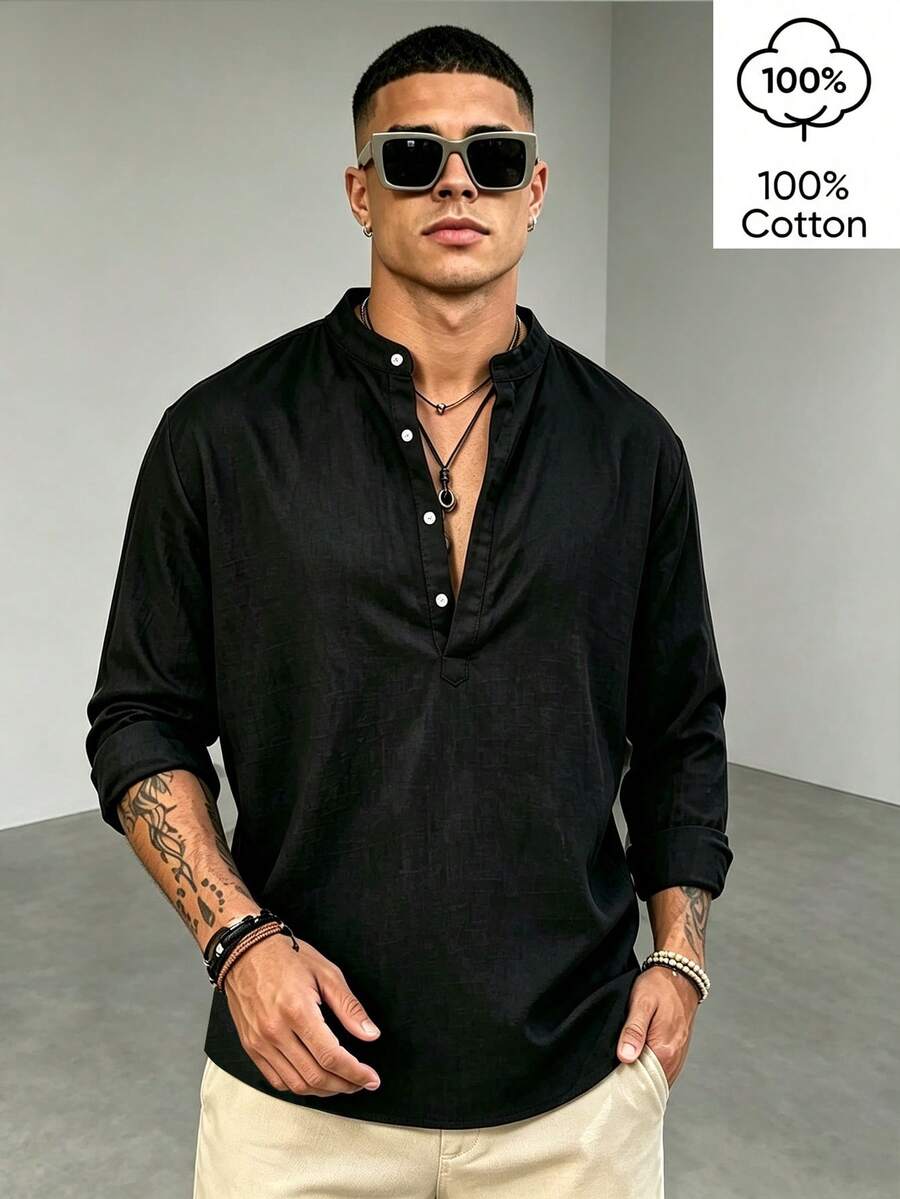 WAIT HIM 100% Cotton Men's Casual Solid Color Henley Collar Long Sleeve Shirt - Black - View 1