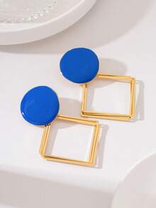 1 paire de boucles d'oreilles pendantes longues personnalisées minimalistes en émail bleu rond avec losange métallique creux géométrique multicouche, convient pour le port quotidien des femmes, petit cadeau pour les amies - Bleu azur - Voir 5