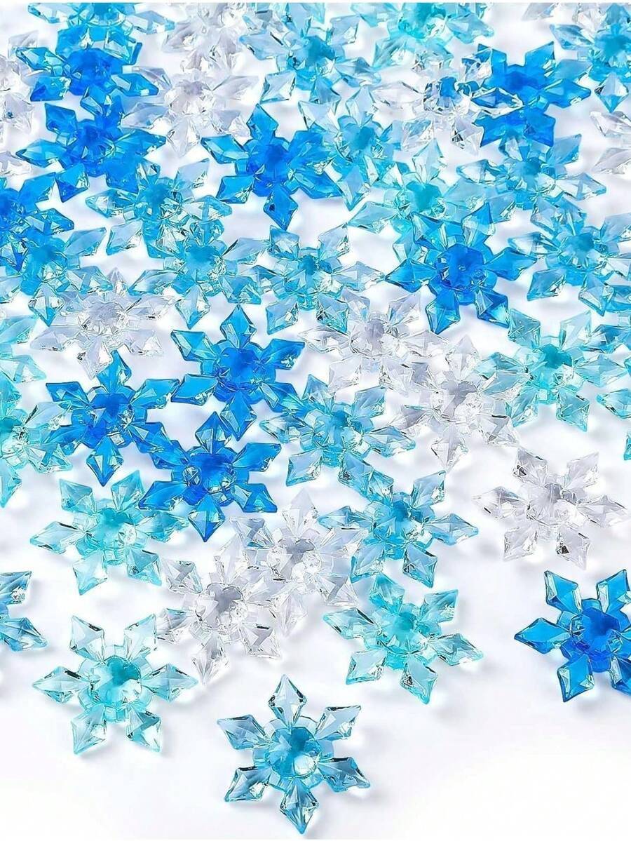 100pcs Winter Acrylic Snowflake Vase Fillers 3D Blue Translucent | Christmas Pendant Beads, DIY Vase Filler Crafts, Christmas Party Tabletop Scatter Decor, Party Wedding Craft Decoration