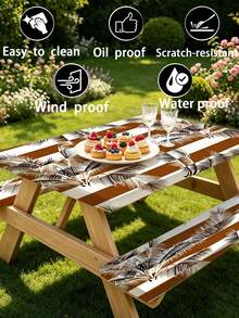 Juego de 3 piezas de mantel para picnic con cubierta de banco, diseño de borde elástico, patrón de líneas florales, mantel rectangular lavable, adecuado para bodas, camping, picnics, fiestas en el jardín y talla grande, esencial práctico - E - Ver 9