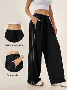 TimeOff Women's 1pc Colorblock Side Vertical Stripe Side Pocket Elastic Waist Wide Leg Pants - Black - View 1
