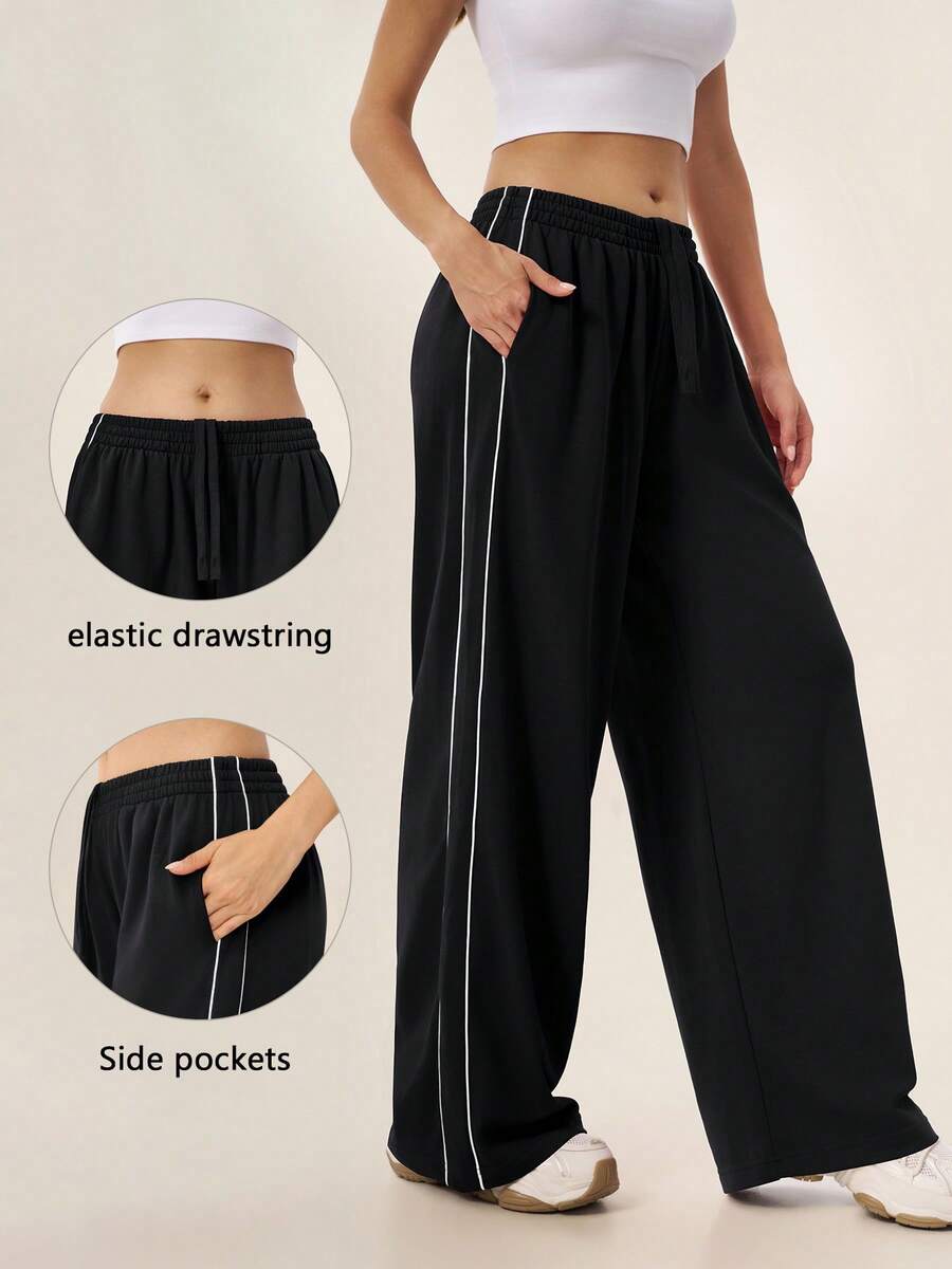TimeOff Women's 1pc Colorblock Side Vertical Stripe Side Pocket Elastic Waist Wide Leg Pants - Black - View 1
