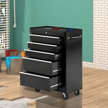 HOMCOM Workshop Trolley 5 Drawers Tool Trolley Empty Lockable Black | 4 Wheels, 2 Locking Brakes, 2 Keys, Ball-Bearing Drawer Slides - 黑色 - 查看 9