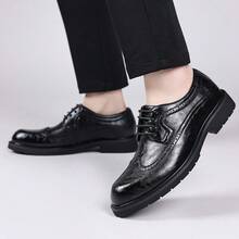 Men's Formal Brogue Lace-Up Thick Sole Derby Shoes, British Style Business Casual Versatile Commuter Shoes - Black - View 7
