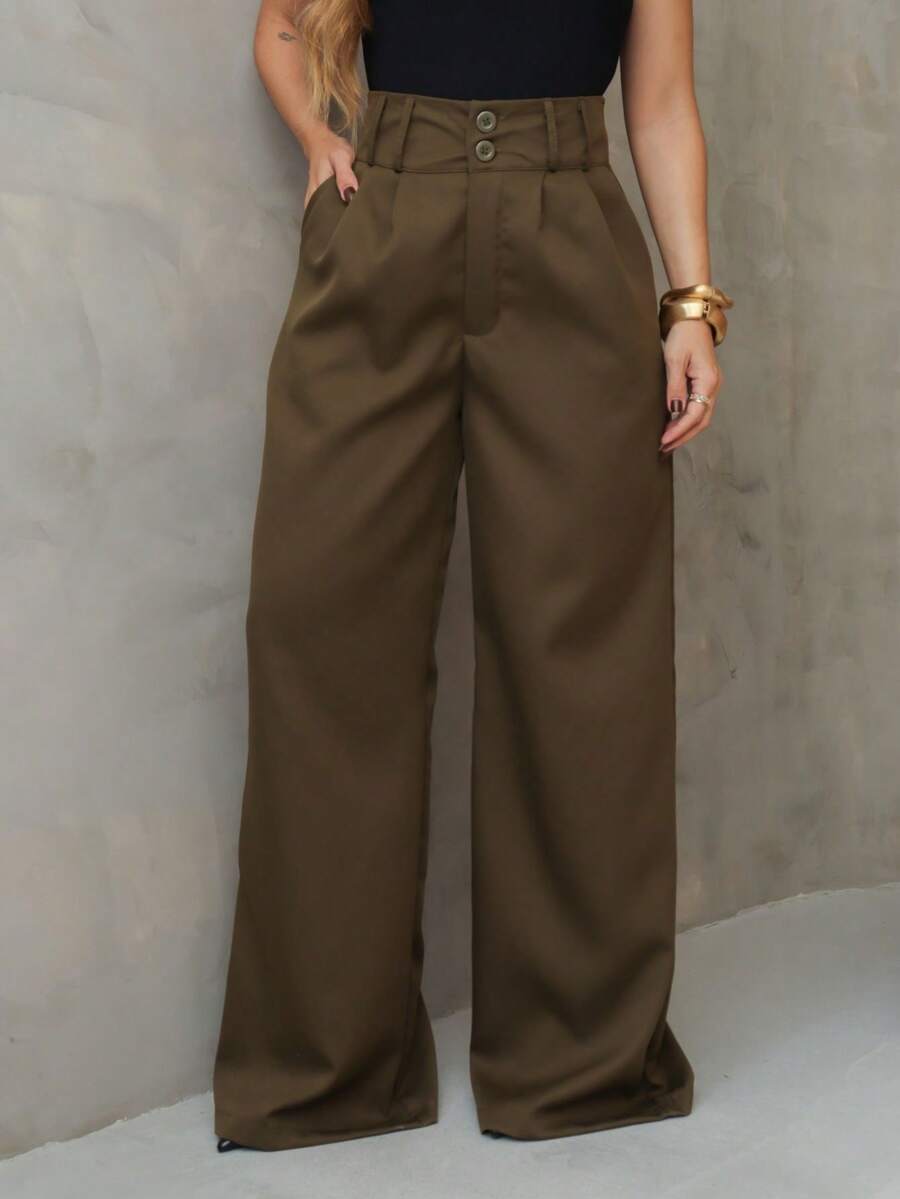 YING ZI Stone Mode Tailored Wide-Leg Trousers - 亮軍綠 - 查看 1