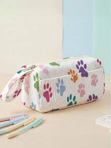 1pc Animal Paw Prints Corduroy Foldable Pencil Case With Side Pocket & Handle, Multi-Use Bag For Start Of School & Travel Essentials,School Supplies - Multicolor - View 9