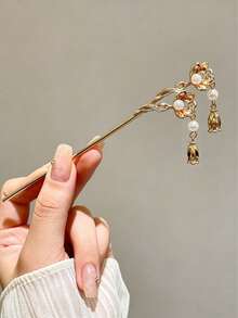 1件彩色水晶花朵、蝴蝶和树枝装饰仿珍珠流苏合金发夹，可作发髻延长器、发型造型夹、女士发饰 - 銀色 - 查看 10