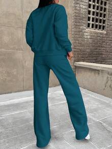 2pcs Casual Solid Color Sweatshirt Jacket Top And Straight Leg Pants Set, Soft Fleece Fabric, Suitable For Spring, Autumn And Winter Elegant Summer - Dark Green - View 3
