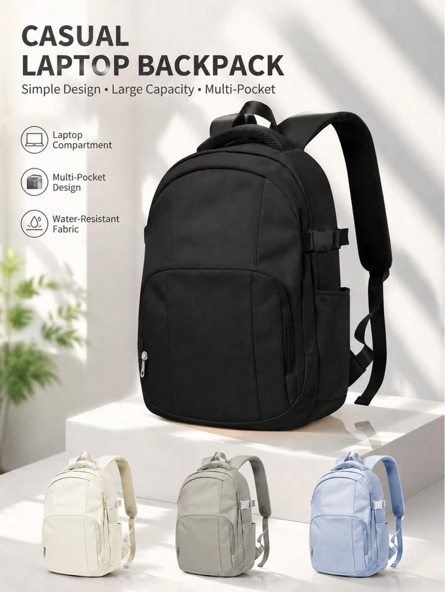 Minimalist Fashion Student Backpack, Solid Color Large Capacity Laptop Bag, Fits 14-15.6 Inch Laptop, Multifunctional Bag, Business, For Men