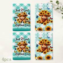 2pcs Blue Green White Plaid Highland Cow Sunflower Kitchen Towels, Cute Country Farmhouse Style Soft Microfiber Rectangular Printed Absorbent Quick Dry Hand Towels, Suitable For Kitchen Decor, Holiday Gifts 4/6/8pcs Set - Multicolor - View 9
