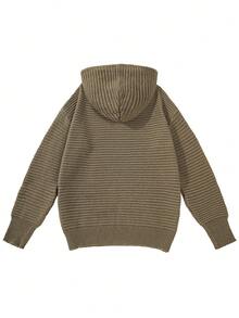 Men's Vertical Striped Textured Knit Hoodie, Loose Fit, Dropped Shoulder, Drawstring Hood, Casual Thick Knit Pullover Top, Autumn/Winter - Brown - View 3