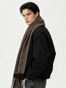Low-Key Premium Solid Color Men's Long Fur Scarf, Thick Soft Fabric, Intellectual Style Daily Wear Warm Neck Warmer, Oversized Wide Shawl - Coffee and Cream - View 3