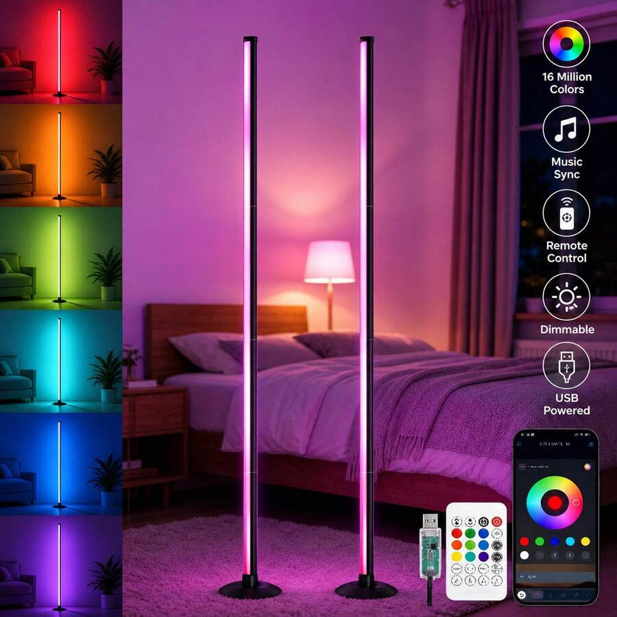 1pc RGB LED Floor Lamp, Smart APP And Remote Control, Music Sync Color Changing Adjustable Corner LED Light Strip, Suitable For Bedroom, Gaming Room, Living Room Home Decor, Halloween And Christmas Gift