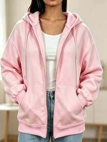 Plus Size Women's Zip-Up Sweatshirt With Drawstring And Pockets Casual - Baby Pink - View 1