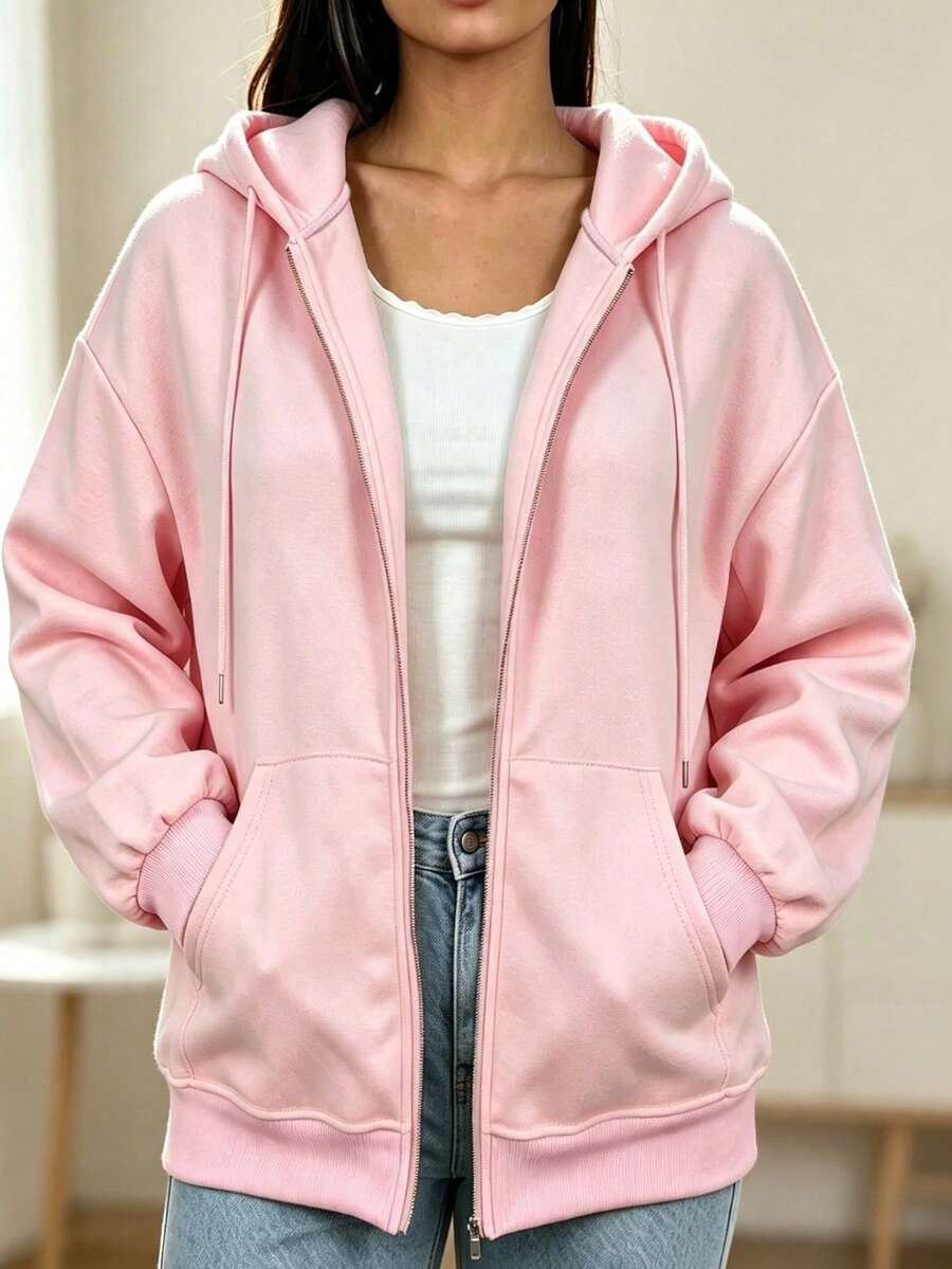 Plus Size Women's Zip-Up Sweatshirt With Drawstring And Pockets Casual - Baby Pink - View 1