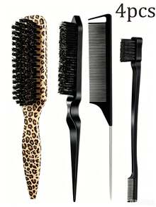 4pcs Wooden Smooth Back Comb Set, Suitable For Creating Smooth Ponytails, Updos, Smoothing Flyaways, Controlling Hairlines, Backcombing And Volumizing Hairstyles. Wide-Tooth Comb Head For Easy Sectioning And Parting. - Multicolor - View 15