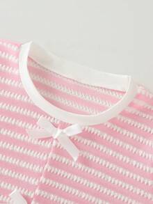 2pcs Young Girls 3D Ribbon Bow Design Pink & White Striped Round Neck Long Sleeve T-Shirt & Soft & Comfortable Pants Set, Autumn/Winter Casual Dopamine Outfit, Cute & Elegant Style, Suitable For School, Commuting, Outdoor Wear - Multicolor - View 4