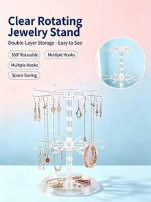 16-Hook Rotating Storage Rack, Adjustable Bottom Spacing. Can Be Used As A Key Rack/Display Rack For Storing Keys, Glasses, Or As A Desktop Jewelry Rack With Tray For Storing Necklaces - Multicolor - View 5