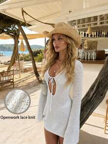 Women's Hollow Out Short Knitted Cardigan Dress, V-Neck Tie Waist Knit Dress, Flare Sleeve Design, Suitable For Spring/Summer Beach Vacation Style - Apricot - View 5