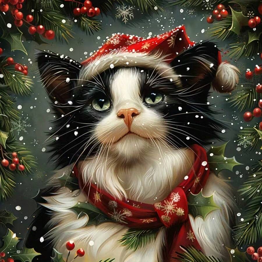 1PC DIY 5D Diamond Painting Kit Christmas Cat Pattern - Round Full Drill Art Mosaic Craft, Home Wall Decor, Frameless - No Frame - View 1