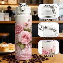 1pc/5pcs 750ml Large Capacity Summer Sports Plastic Water Bottle, Best Friend Birthday Holiday Gift Soft Pink Floral Rose Butterfly Lace Pattern Water Bottle, Elegant Drinking Container, Couple Water Bottle, Suitable For Commuting Camping Vacation, Floral Couples Gift - Multicolor-floral - View 9