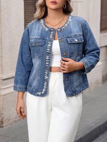 Women's Light Blue Round Neck Beaded Casual Plus Size Denim Jacket - Light Wash - View 2