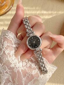 JUSMI 1pc/Set Exquisite Wheat Ear Steel Band Chain Wristwatch, Diamond Point Scale Small Round Dial Design, Creative Design Strap With Elegant Elegant, Lightweight Luxury Atmosphere Women's Watch For Workplace, Dating, Commuting, Birthday, Holiday Gift And More - Silver - View 2