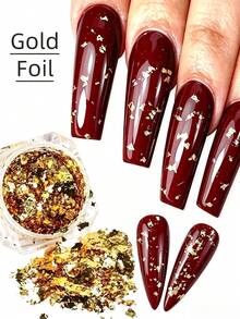 Shiny Gold Foil Flakes Nail Art Decor, Asymmetrical Metal Nail Art Stickers Gold Silver Foil Flakes Glitter, Create Luxurious Atmosphere Nail Art, Home Salon DIY Nail Art Handmade Decoration Accessories - Gold - View 1