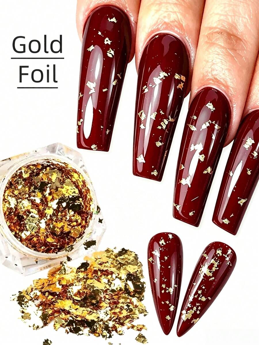 Shiny Gold Foil Flakes Nail Art Decor, Asymmetrical Metal Nail Art Stickers Gold Silver Foil Flakes Glitter, Create Luxurious Atmosphere Nail Art, Home Salon DIY Nail Art Handmade Decoration Accessories - Gold - View 1