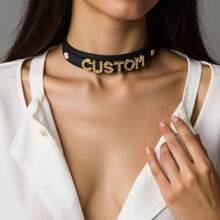 Halloween Goth Black PU Leather Gold Letters Customized Collar Choker Collar Role Age Play Cosplay Personalized Chocker Party Accessories - Multicolor - View 3
