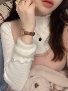 Lettuce Edge Long Sleeve Warm Lining Sweater - Apricot - View 2