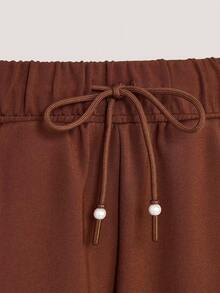 Adidas Originals Women's Minimalist Fashion Drawstring Waist Pocket Frill Trim Sports Long Pants - Brown - View 5