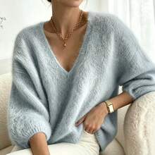 V-Neck Solid Color Fine Velvet Knit Sweater, Autumn/Winter Fall - Grey - View 3