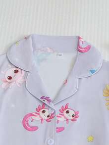 Tween Girls Cute Axolotl Print Button Front Long Sleeve Pajama Set, 2pcs Lapel Top & Pants Soft Sleepwear For Autumn Winter Home Outfit Loungewear - Lilac Purple - View 4