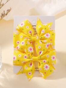 1 Pair Printed Daisy & Sunflower Hair Clip Set, Ribbed Fishtail Bow Baby Hair Clips, Random Cardboard - Multicolor - View 3