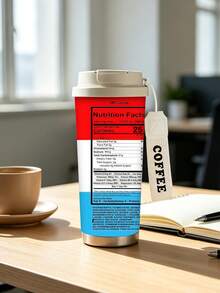 1pc/5pcs 500ml Fun Nutrition Label Theme Insulated Coffee Mug With Handle And Lid, Red White Blue Color Block Graphic Print With Vitamin Text Icons, Stainless Steel Reusable Cup, Suitable For Commute, Outdoor, Gift - Red and Blue - View 10