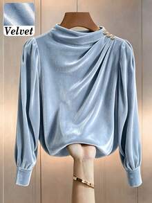 Women's Autumn/Winter Daily Commute Solid Color Velvet Material Small Stand Collar Pleated Design Long Sleeve Blouse - Baby Blue - View 1