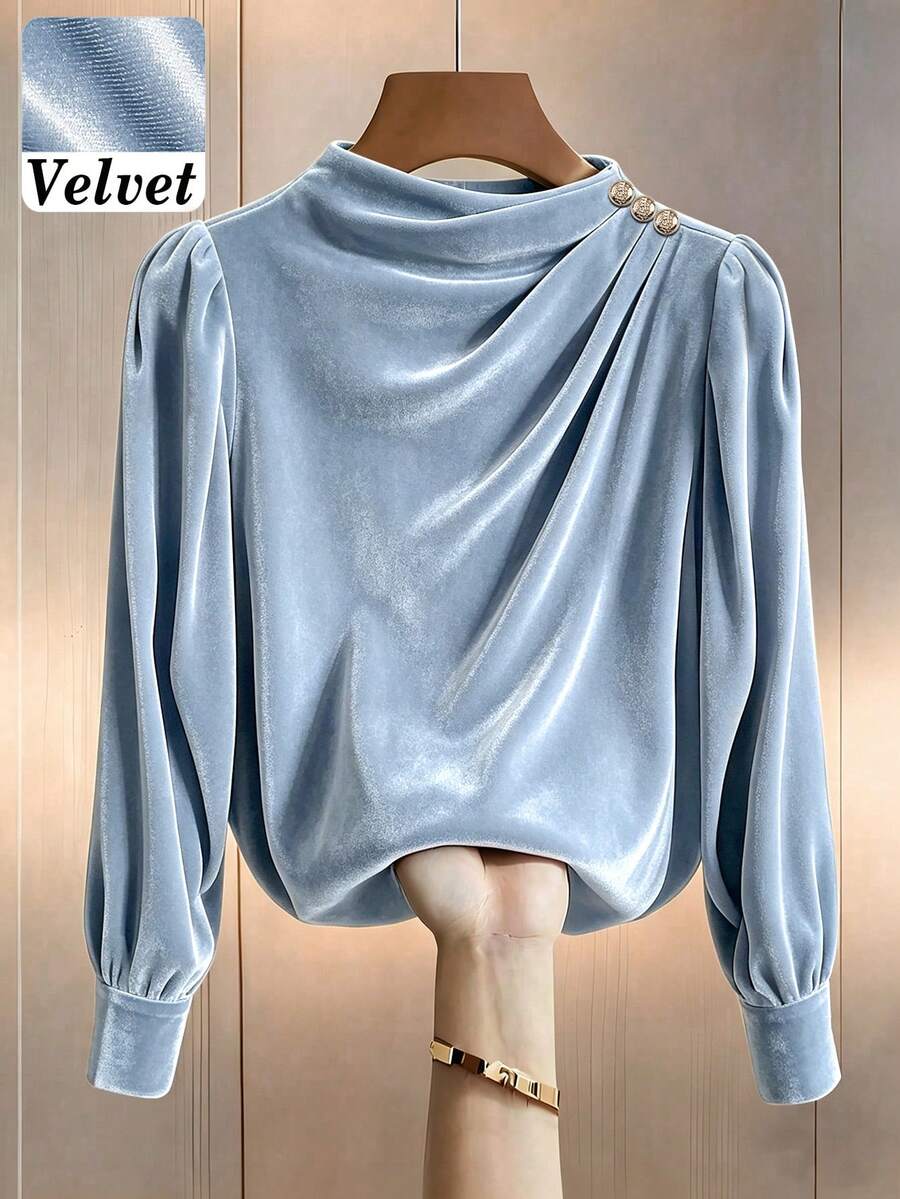 Women's Autumn/Winter Daily Commute Solid Color Velvet Material Small Stand Collar Pleated Design Long Sleeve Blouse - Baby Blue - View 1