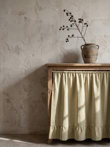 1pc Olive Green & White Fine Striped Table Skirt, Natural Fresh Style Fabric Material, Rectangular Bottom With Ruffle Edge And Pleated Details, Storage Concealment And Decorative Enhancement Function, Suitable For Storage Rack Cover And Pastoral Home Decor Scenes - Green - View 5