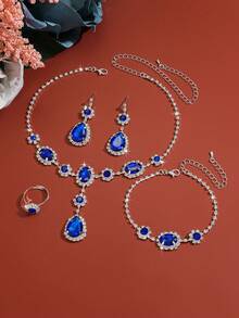 4 peças/Conjunto Elegante Conjunto de Joias Nupciais com Cristal Cintilante, Inclui Colar, Brincos e Pulseira, Luxuoso e Requintado, Adequado para Jantar Formal, Festa e Ocasiões de Casamento - Azul - Visão 3