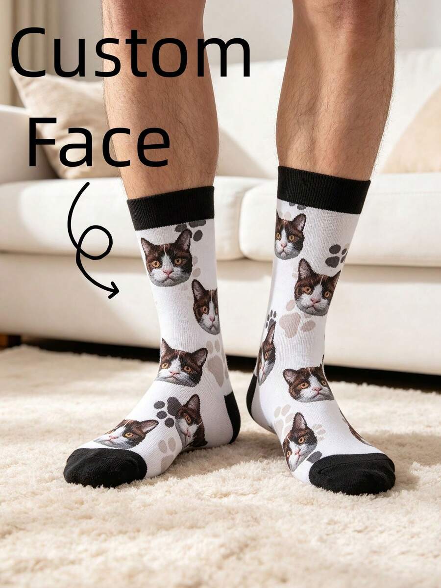 Custom Pet Cat Face & Paw Print Crew Socks White Body With Black Cuffs And Toe Caps Soft Stretch Knit Personalized Novelty Socks - Multicolor - View 1