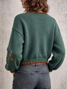 女款冬季休閒波西米亞風 V 領拼色藤蔓與狐狸刺繡長袖開襟針織衫，口袋設計羅紋針織上衣 - 棕色 - 查看 2