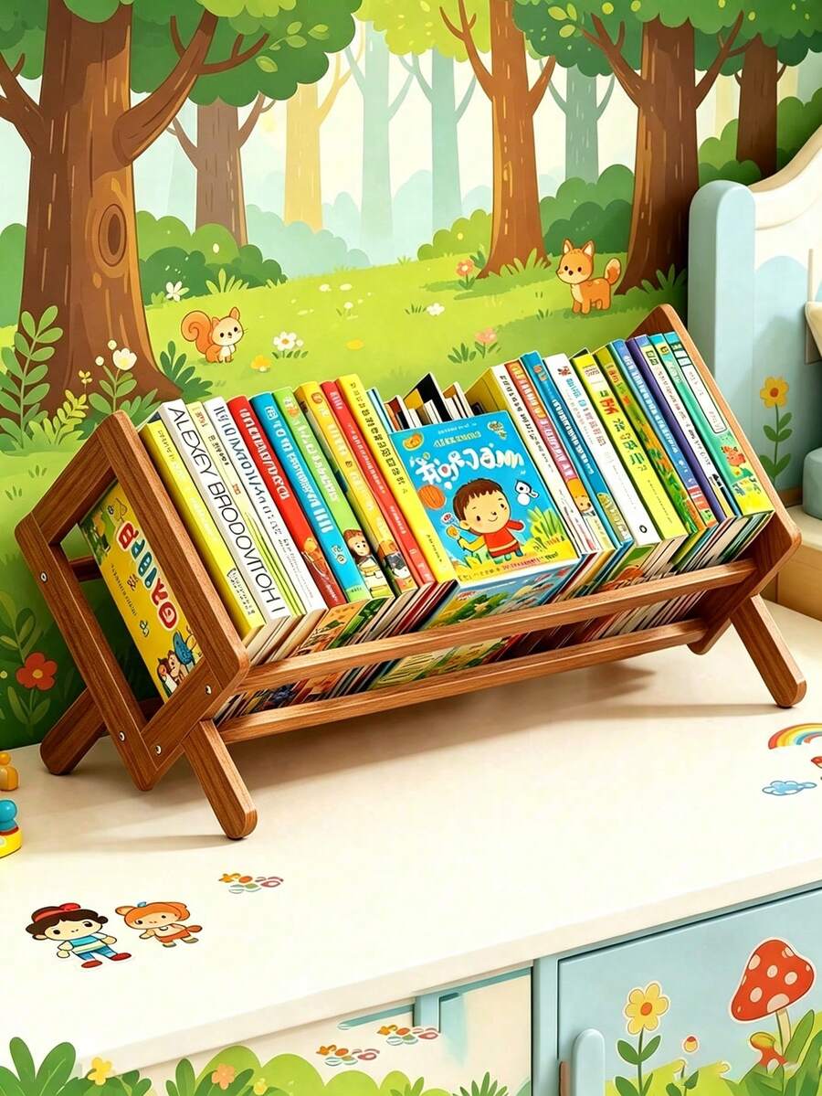 1pc Children's Room Bookshelf Desktop Kids Student Small Bookshelf Floor Standing Children's Desk Storage Rack - Brown - View 1