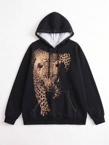 1pc Women's Vintage Leopard Print Warm Drawstring Hooded Sweatshirt, Y2K Street Style Pullover, Autumn/Winter Casual Daily OOTD - Black - View 3
