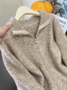 Women's Ribbed Knit Zip-Up Cardigan, Long Sleeve Stand Collar Knit Fabric Regular Length Warm Autumn/Winter Jacket - Camel - View 6