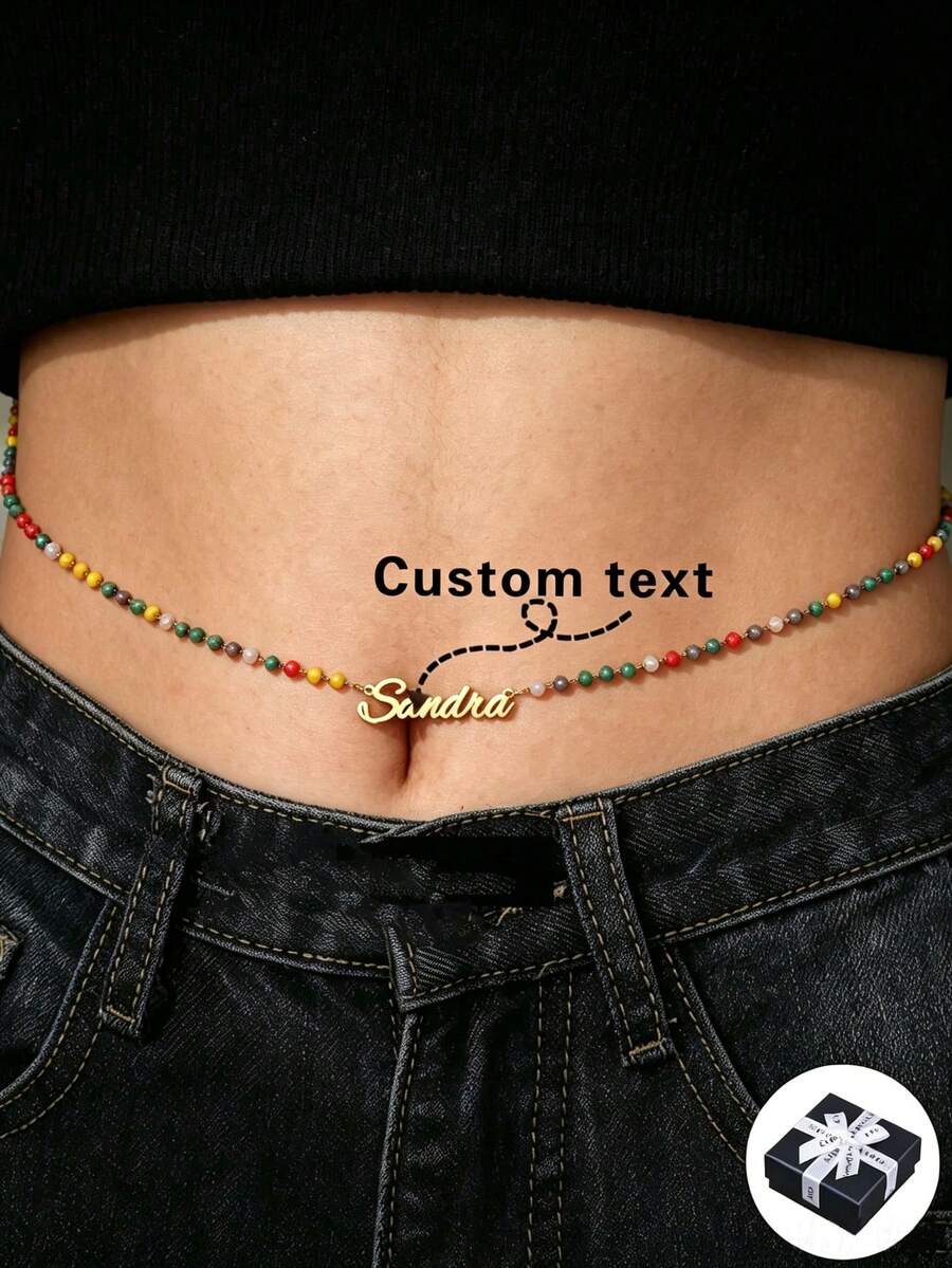 1pc Customized Stainless Steel Name Waist Chain, Sexy Belly Chain Necklace Jewelry, Colorful Beaded Personalized Nameplate Bikini Beach Body Chain Accessory, Great Gift For Girlfriend, Classmates, Friends - Gold - View 1