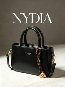 1pc Black Braided Rope Hanging Metal Pendant Decor PU Soft Leather Handbag, Crossbody Zipper Closure Underarm Small Square Bag, Spring Summer Daily Commute Shopping Versatile Women's Shoulder Small Bag - Black - View 2