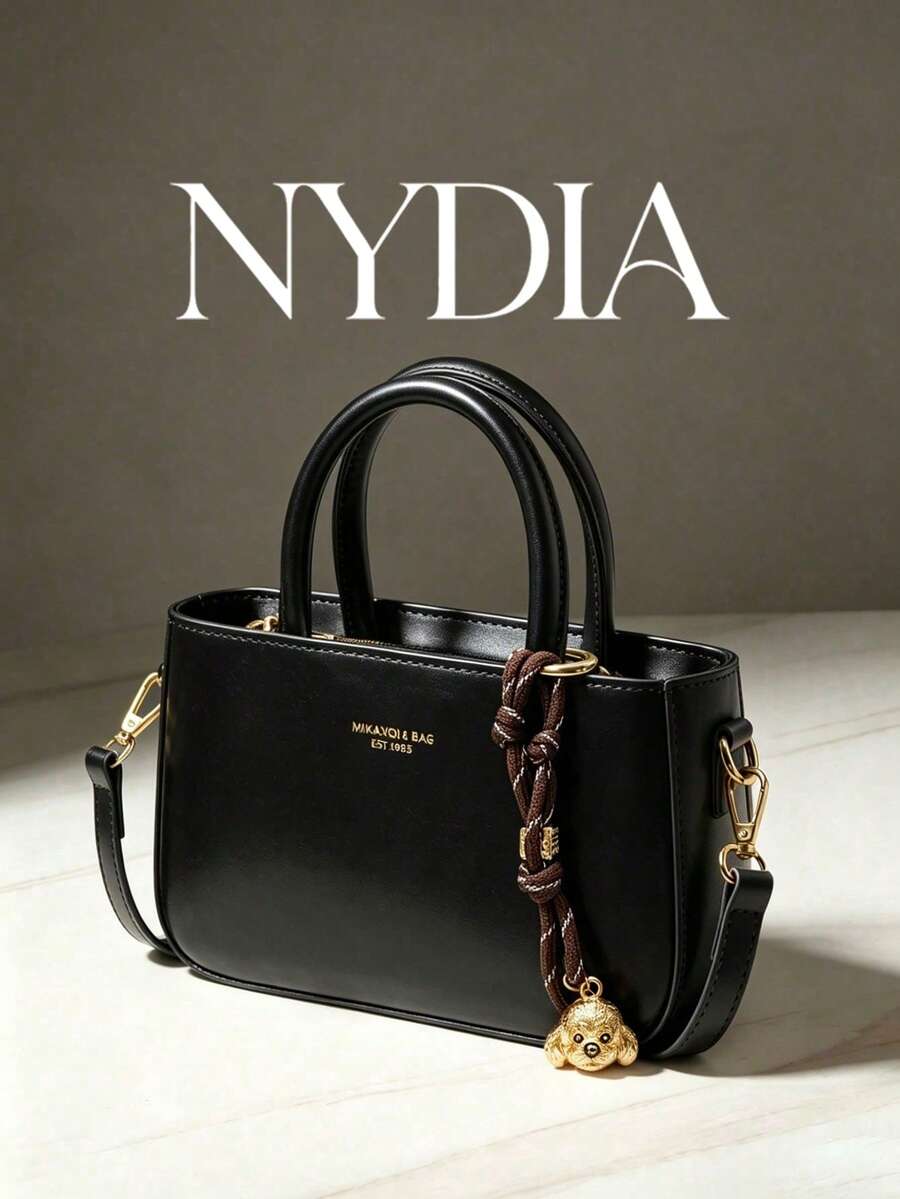 1pc Black Braided Rope Hanging Metal Pendant Decor PU Soft Leather Handbag, Crossbody Zipper Closure Underarm Small Square Bag, Spring Summer Daily Commute Shopping Versatile Women's Shoulder Small Bag