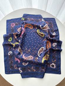 1pc Square Satin Bandana Scarf Women Paisley Print Hair Head Wrap Shawl - Navy Blue - View 2