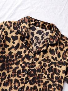 3pcs/Set Women Leopard Print Pocketed Short Sleeve Top & Shorts & Pants Pajamas Set, Suitable For Spring, Summer - Multicolor - View 3